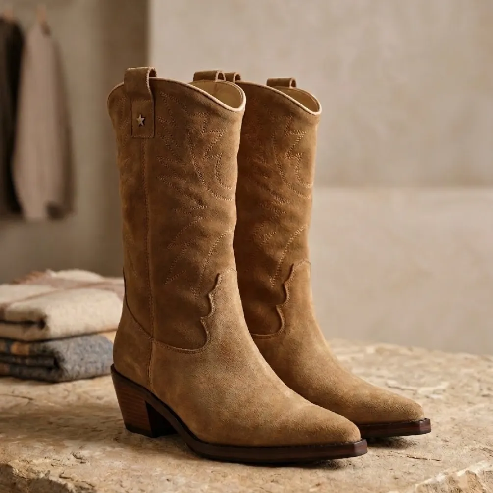 Bota midi bordada reno taupe