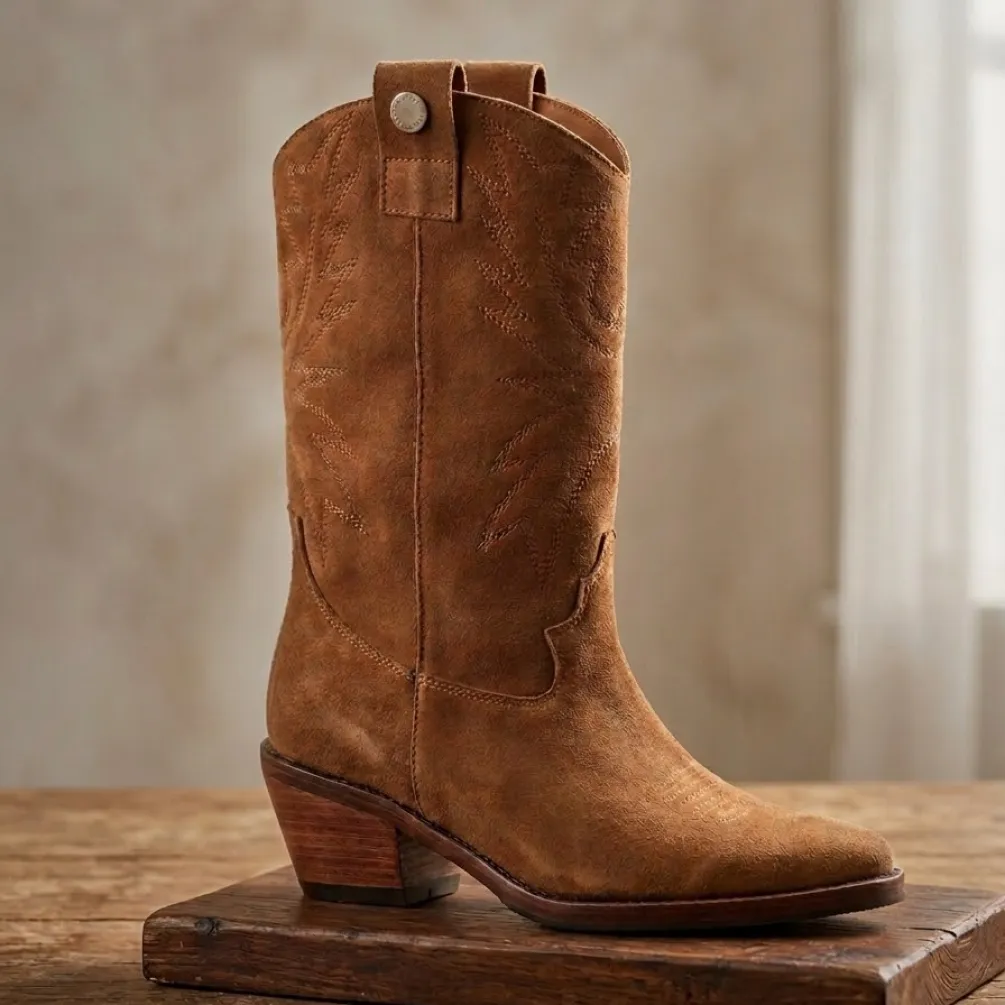 Bota midi bordada reno camel